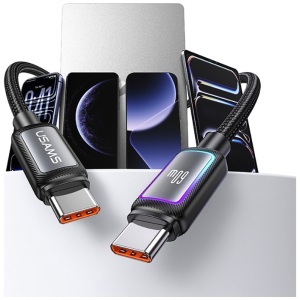 USAMS Al-Alloy SJ815 U110 RGB greito įkrovimo 60W USB-C į Lightning laidas 1.2 m juodas aprašymas - Prekės nuotrauka