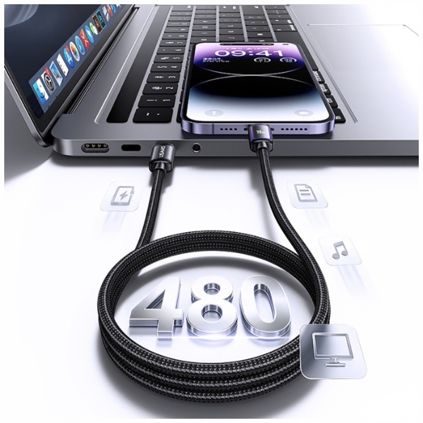 USAMS Al-Alloy SJ816 U110 RGB greito įkrovimo 30W USB-C į Lightning laidas 1.2 m juodas aprašymas - Prekės nuotrauka