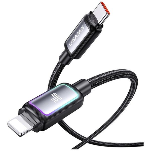 USAMS Al-Alloy SJ816 U110 RGB greito įkrovimo 30W USB-C į Lightning laidas 1.2 m juodas aprašymas - Prekės nuotrauka