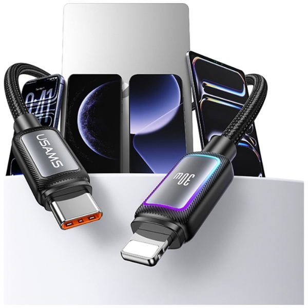 USAMS Al-Alloy SJ816 U110 RGB greito įkrovimo 30W USB-C į Lightning laidas 1.2 m juodas aprašymas - Prekės nuotrauka