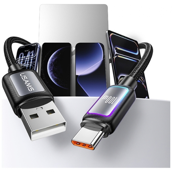 USAMS Al-Alloy SJ817 U110 RGB greitojo įkrovimo 100W USB-A į USB-C laidas 1.2 m juodas aprašymas - Prekės nuotrauka