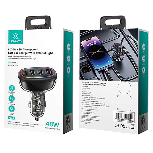 USAMS automobilinis įkroviklis 1xUSB-C 3xUSB-A C34 48W 3A+C PD Fast Charge juodas CC170CC01 (US-CC170) aprašymas - Prekės nuotrauka USAMS automobilinis įkroviklis 1xUSB-C 3xUSB-A C34 48W 3A+C PD Fast Charge juodas CC170CC01 (US-CC170) aprašymas - Prekės nuotrauka