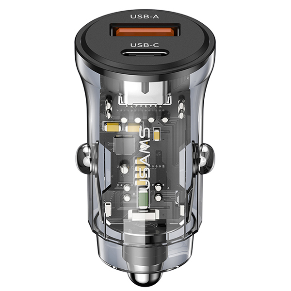 USAMS automobilinis įkroviklis 1xUSB+1xUSB-C C32 30W Fast Charge juodas CC164CC01 (US-CC164) aprašymas - Prekės nuotrauka
