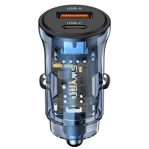 USAMS automobilinis įkroviklis 1xUSB+1xUSB-C C32 30W Fast Charge mėlynas CC164CC02 (US-CC164) aprašymas - Prekės nuotrauka