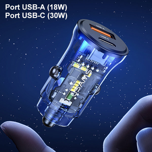 USAMS automobilinis įkroviklis 1xUSB+1xUSB-C C32 30W Fast Charge mėlynas CC164CC02 (US-CC164) aprašymas - Prekės nuotrauka