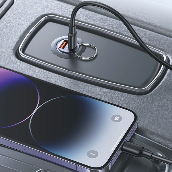 USAMS automobilinis įkroviklis 1xUSB+1xUSB-C C38 30WPD Fast Charge with Built-in Ring Violetinė CC206C aprašymas - Prekės nuotrauka