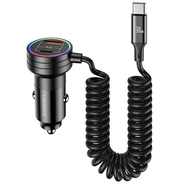 USAMS automobilinis įkroviklis 2xUSB-C 1xUSB-A C33 60W with spring cable Fast Charge juodos spalvos CC167CC01 (US-CC167) aprašymas - Prekės nuotrauka