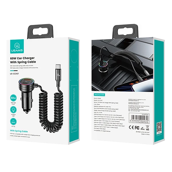 USAMS automobilinis įkroviklis 2xUSB-C 1xUSB-A C33 60W with spring cable Fast Charge juodos spalvos CC167CC01 (US-CC167) aprašymas - Prekės nuotrauka