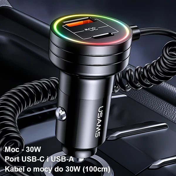 USAMS automobilinis įkroviklis 2xUSB-C 1xUSB-A C33 60W with spring cable Fast Charge juodos spalvos CC167CC01 (US-CC167) aprašymas - Prekės nuotrauka