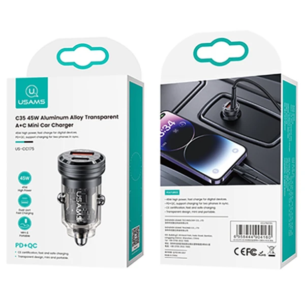 USAMS automobilinis įkroviklis C35 USB+USB-C 45W Fast Charge juodos spalvos CC175CC01 (US-CC175) aprašymas - Prekės nuotrauka