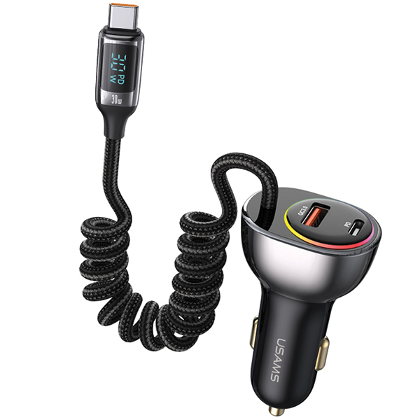 USAMS automobilinis įkroviklis C37 1xUSB+1xUSB-C 60W +USB-C Cable 30W PD+QC Fast Charge juodas CC192CC01 aprašymas - Prekės nuotrauka