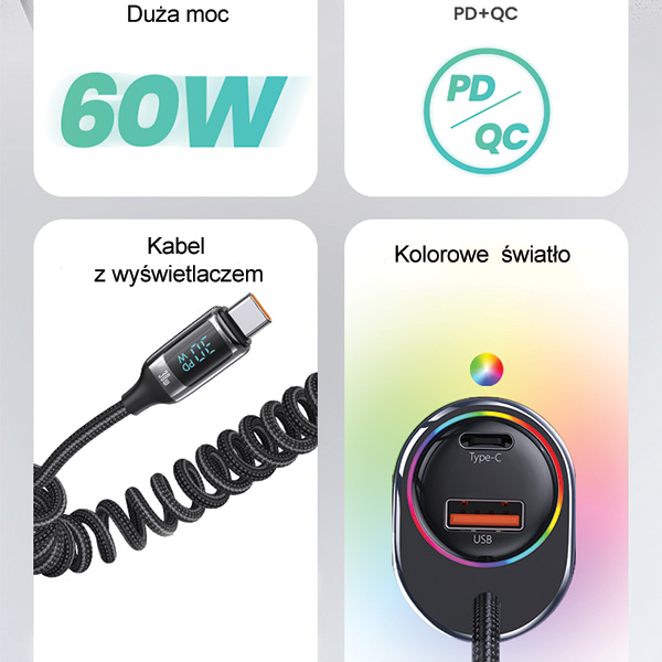 USAMS automobilinis įkroviklis C37 1xUSB+1xUSB-C 60W +USB-C Cable 30W PD+QC Fast Charge juodas CC192CC01 aprašymas - Prekės nuotrauka