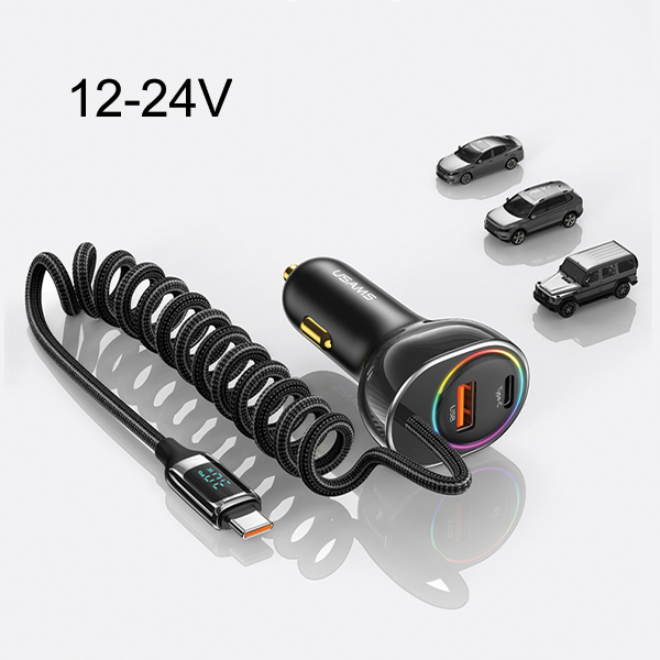USAMS automobilinis įkroviklis C37 1xUSB+1xUSB-C 60W +USB-C Cable 30W PD+QC Fast Charge juodas CC192CC01 aprašymas - Prekės nuotrauka