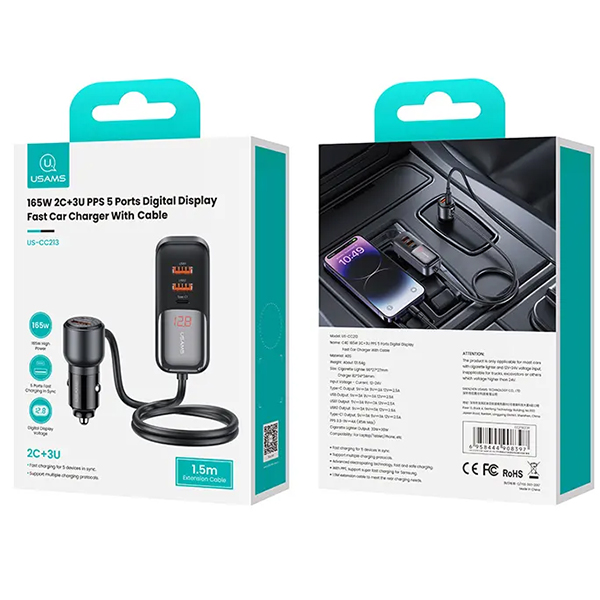 USAMS automobilinis įkroviklis C40 3xUSB+2xUSB-C 165WPD+QC Fast Charge juodas/juodas CC213CC01 (US-CC213) aprašymas - Prekės nuotrauka USAMS automobilinis įkroviklis C40 3xUSB+2xUSB-C 165WPD+QC Fast Charge juodas/juodas CC213CC01 (US-CC213) aprašymas - Prekės nuotrauka