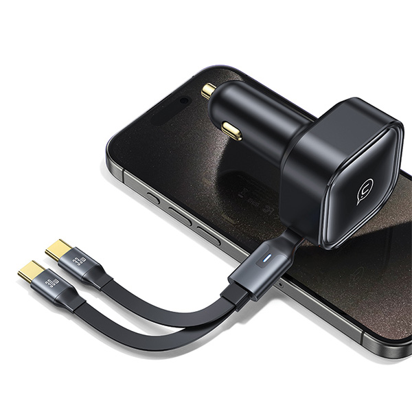 USAMS automobilinis įkroviklis su ištraukiamu laidu 2xUSB-C C41 PD 30W greitas įkrovimas juodas/juodas CC220CC01 (US-CC aprašymas - Prekės nuotrauka