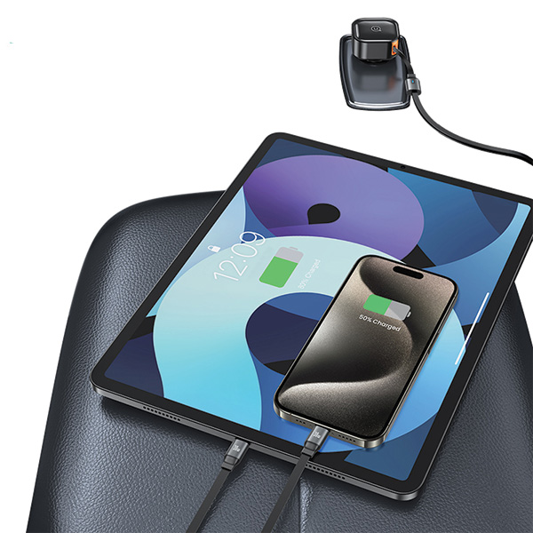 USAMS automobilinis įkroviklis su ištraukiamu laidu 2xUSB-C C41 PD 30W greitas įkrovimas juodas/juodas CC220CC01 (US-CC aprašymas - Prekės nuotrauka