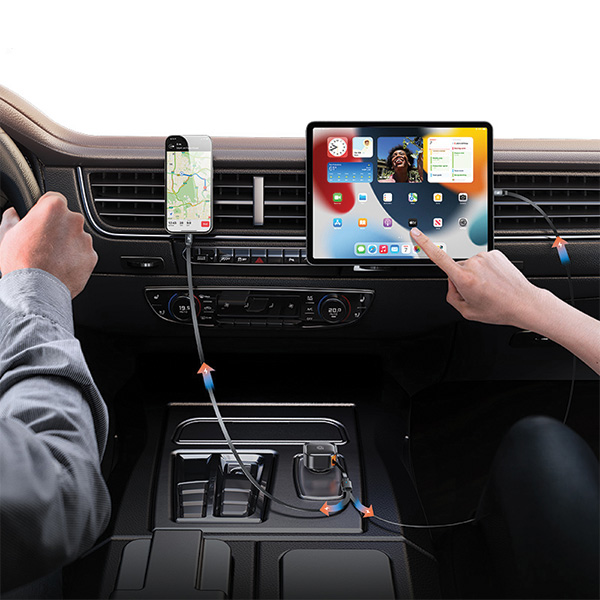 USAMS automobilinis įkroviklis su ištraukiamu laidu 2xUSB-C C41 PD 30W greitas įkrovimas juodas/juodas CC220CC01 (US-CC aprašymas - Prekės nuotrauka