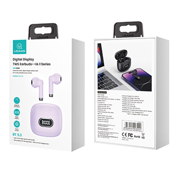 USAMS Bluetooth 5.3 TWS IA II Series belaidės ausinės violetinės spalvos BHUIAII03 (USAMS-IAII15) aprašymas - Prekės nuotrauka