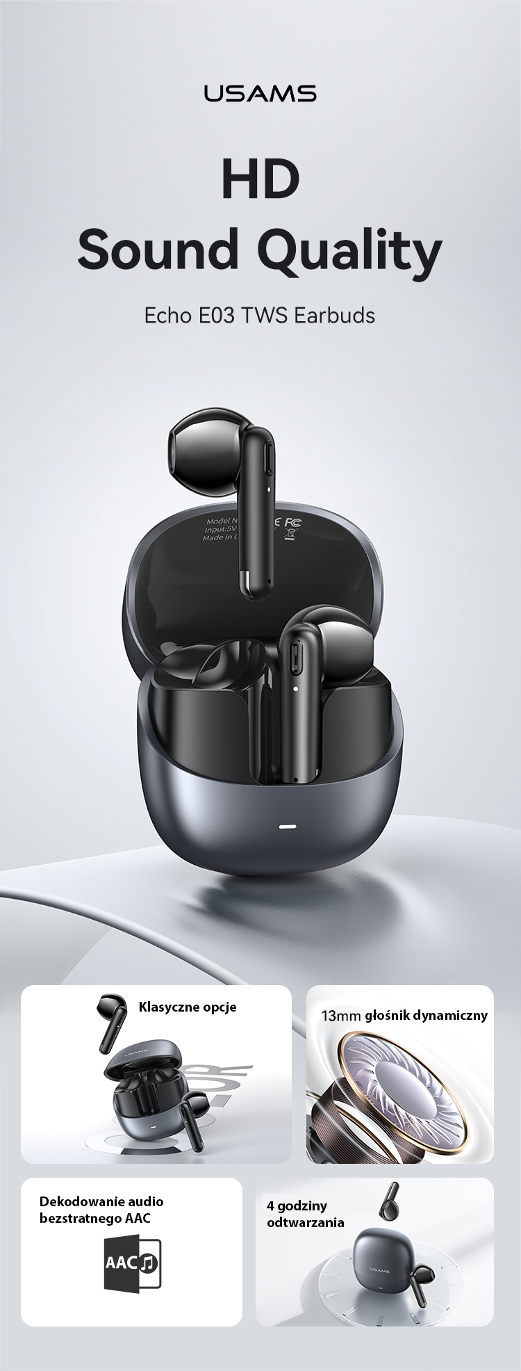 USAMS Bluetooth Ausinės Echo E03 TWS belaidės tarnish aprašymas - Prekės nuotrauka