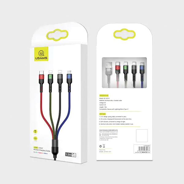 USAMS Braided kabelis U26 4in1 1.2m 2AFast Charge (2xlightning/microUSB/USB-C) SJ317USB01 (US-SJ317) aprašymas - Prekės nuotrauka