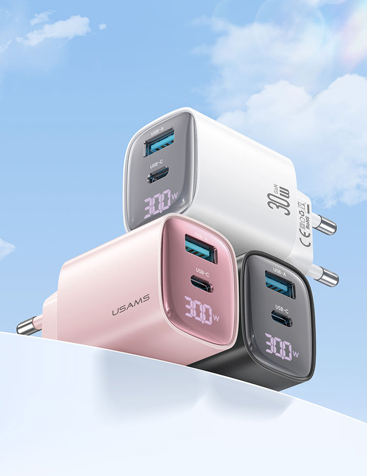 USAMS CC229 30W GaN USB-C/USB-A greitojo įkrovimo XC serijos įkroviklis, baltas CC229TC02 aprašymas - Prekės nuotrauka