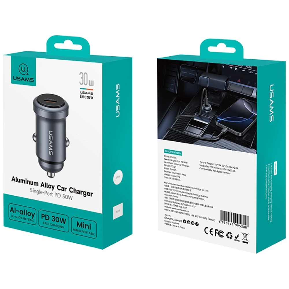 USAMS CC321 automobilinis įkroviklis Aluminum 30W PD USB-C tarnish aprašymas - Prekės nuotrauka