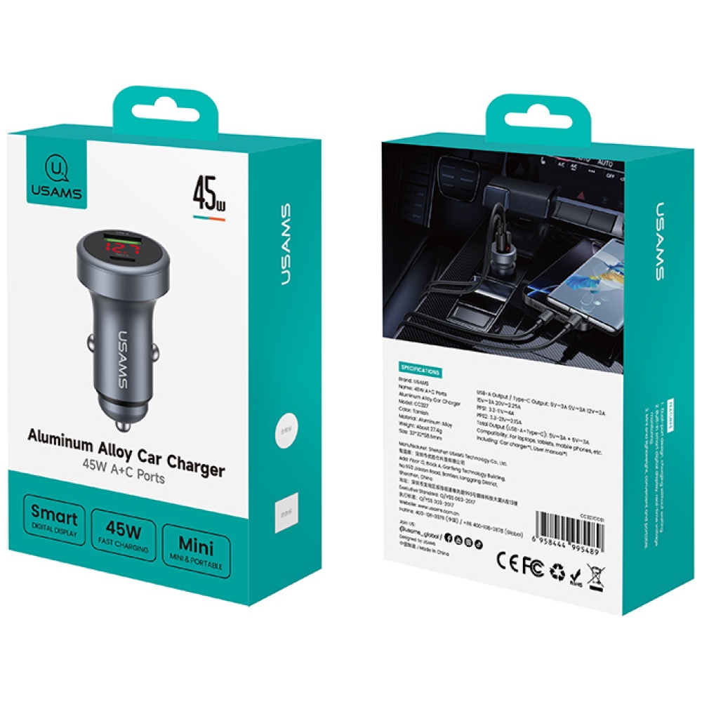 USAMS CC327 automobilinis įkroviklis Aluminum 45W USB-A USB-C tarnish aprašymas - Prekės nuotrauka