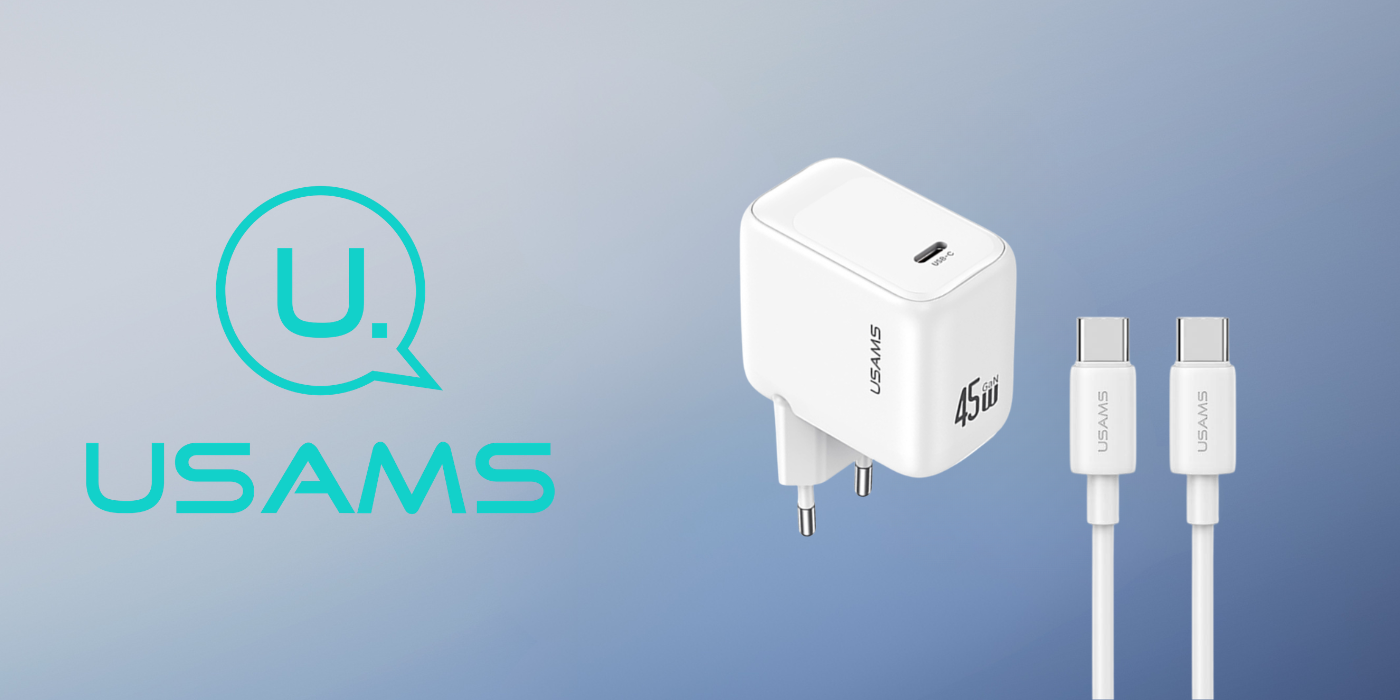 USAMS CC339 T76 45W GaN USB-C sieninis įkroviklis + SJ711 USB-C į USB-C laidas (1m, baltas) aprašymas - Prekės nuotrauka