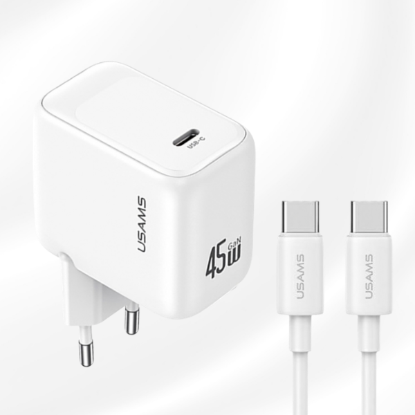 USAMS CC339 T76 45W GaN USB-C sieninis įkroviklis + SJ711 USB-C į USB-C laidas (1m, baltas) aprašymas - Prekės nuotrauka