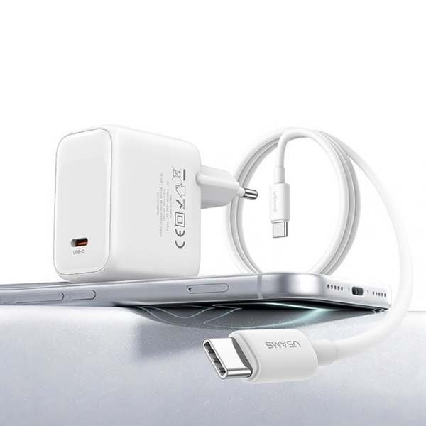 USAMS CC339 T76 45W GaN USB-C sieninis įkroviklis + SJ711 USB-C į USB-C laidas (1m, baltas) aprašymas - Prekės nuotrauka