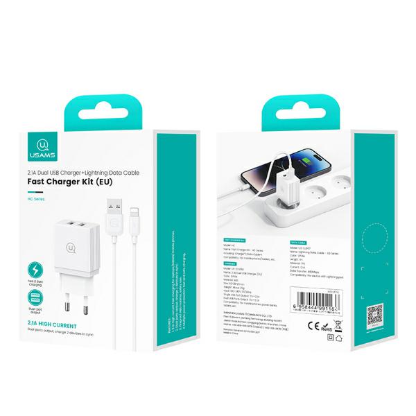 USAMS Charger 2xUSB 18W + cableLightning/USB-A Fast Charging baltos spalvos series HC HCXLTZ01 aprašymas - Prekės nuotrauka
