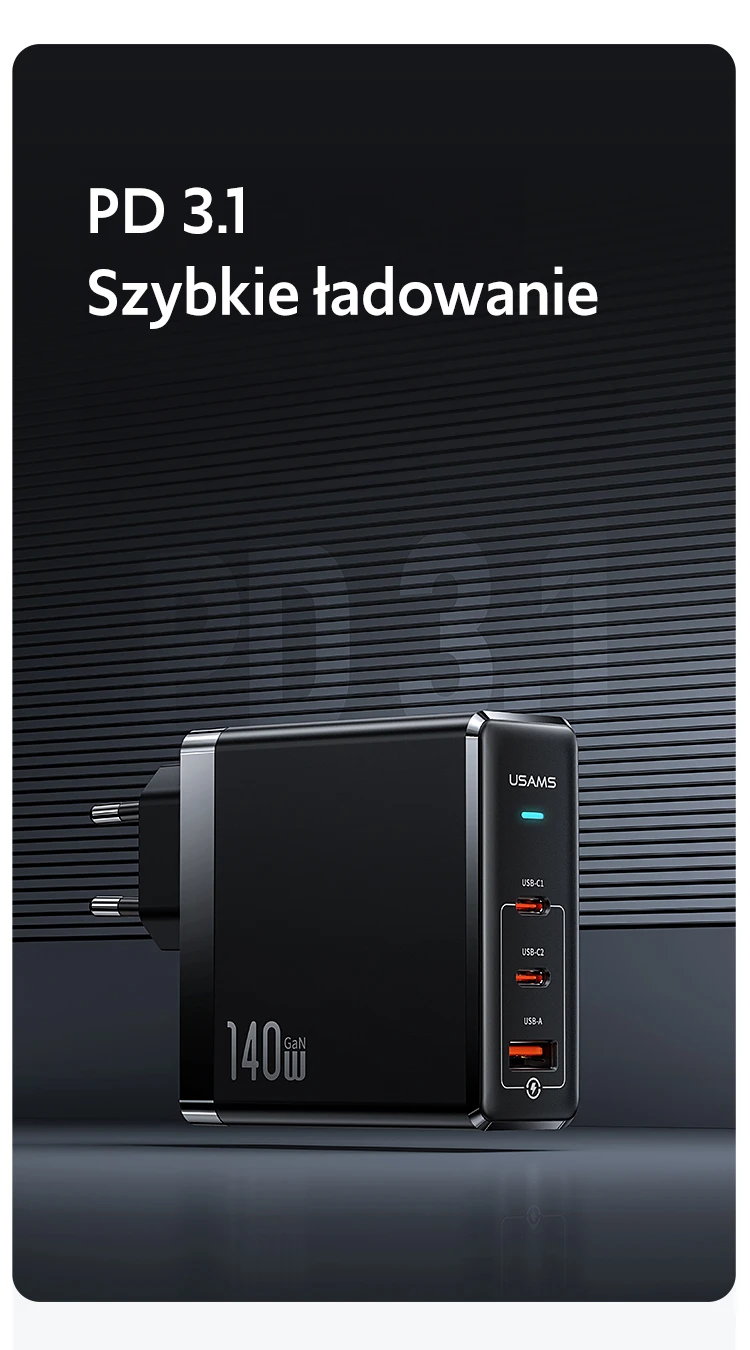 USAMS įkroviklis 2xUSB-C+1xUSB T52PD140W PD greito įkrovimo US-CC168 + U82 USB-C/USB-C US-SJ581 kabelis aprašymas - Prekės nuotrauka USAMS įkroviklis 2xUSB-C+1xUSB T52PD140W PD greito įkrovimo US-CC168 + U82 USB-C/USB-C US-SJ581 kabelis aprašymas - Prekės nuotrauka