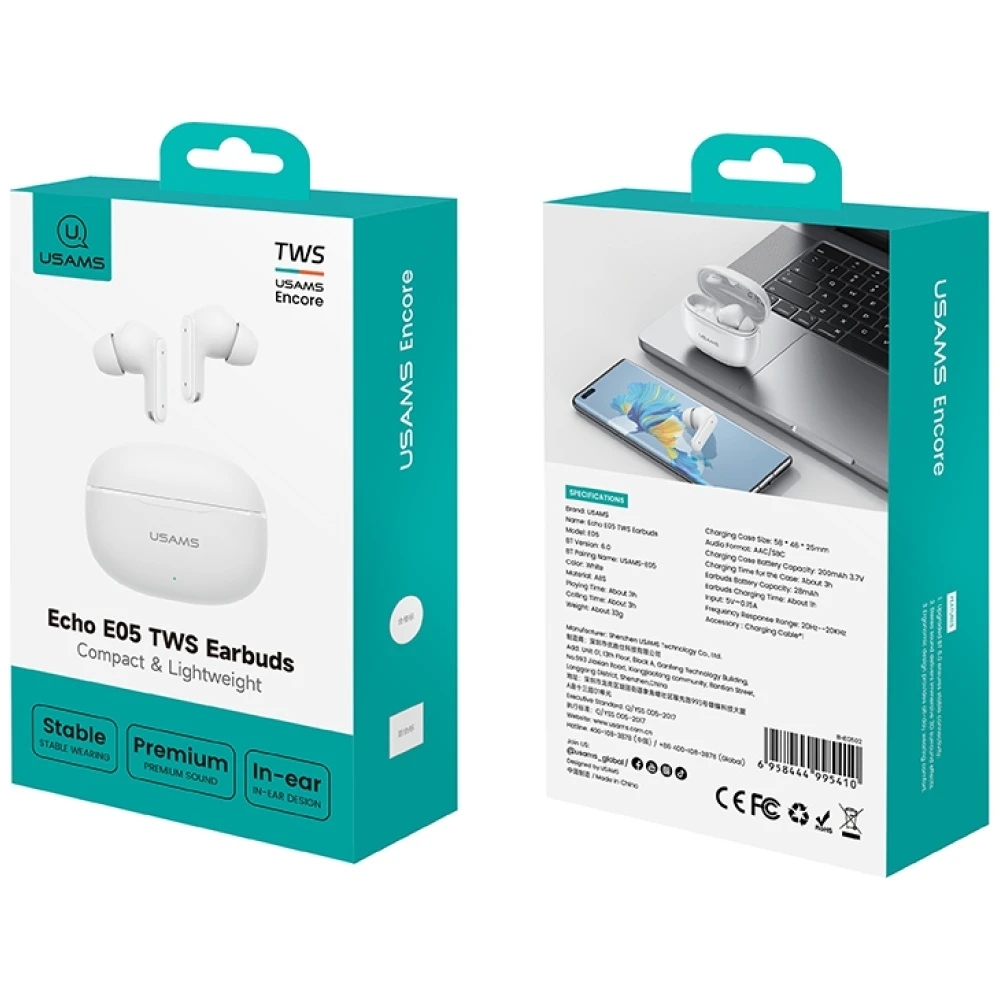 USAMS E05 TWS ausinės Bluetooth 6.0 belaidės baltos spalvos aprašymas - Prekės nuotrauka