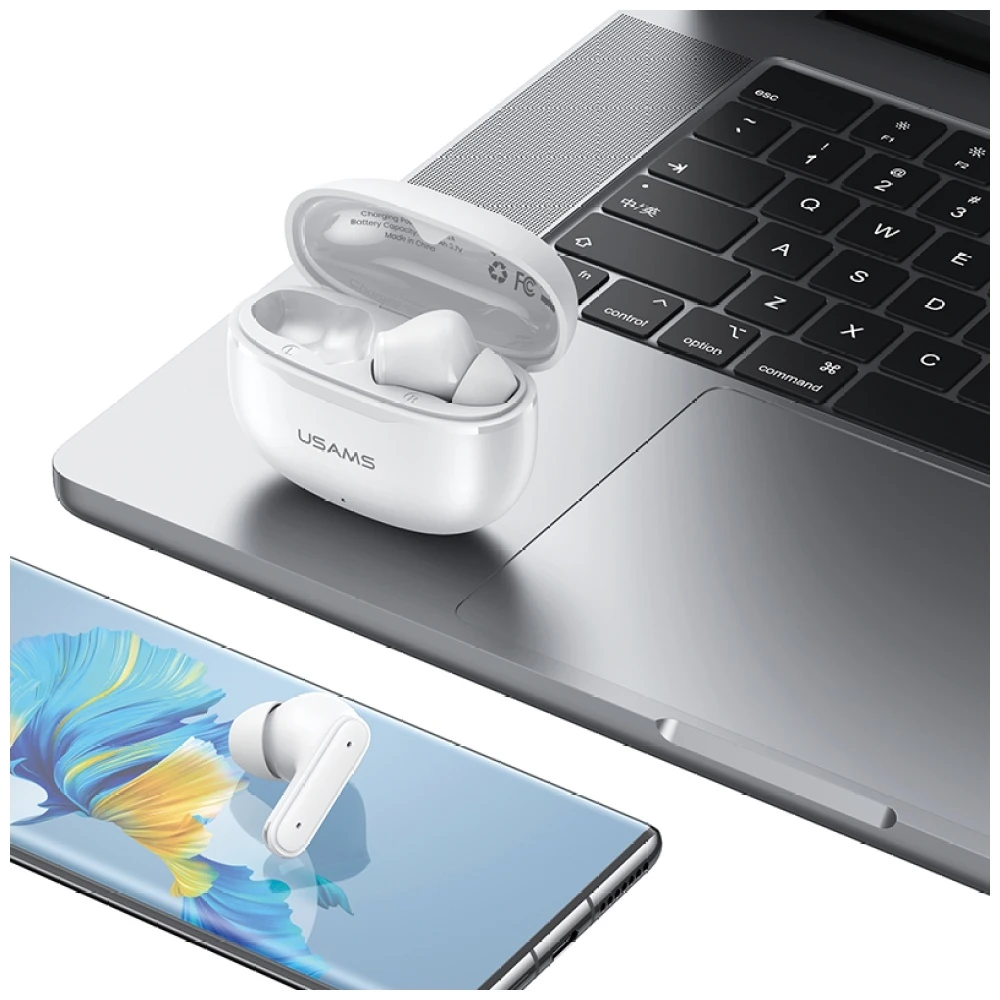 USAMS E05 TWS ausinės Bluetooth 6.0 belaidės baltos spalvos aprašymas - Prekės nuotrauka