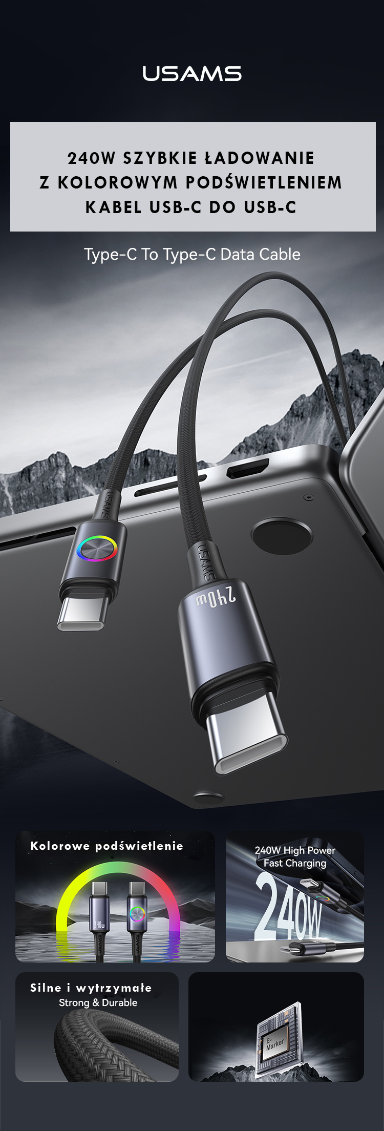 USAMS Huan Series SJ751 240W USB-C į USB-C kabelis 1.2 m tamsinti aprašymas - Prekės nuotrauka USAMS Huan Series SJ751 240W USB-C į USB-C kabelis 1.2 m tamsinti aprašymas - Prekės nuotrauka