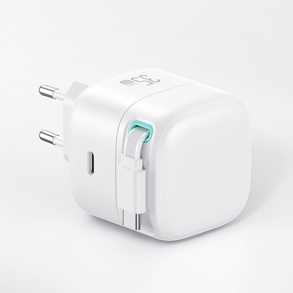 USAMS įkroviklis 1xUSB-C su ištraukiamu Lightning laidu (tik galvutė) PD+QC 35W GaN greitasis įkrovimas, juodos spalvos aprašymas - Prekės nuotrauka