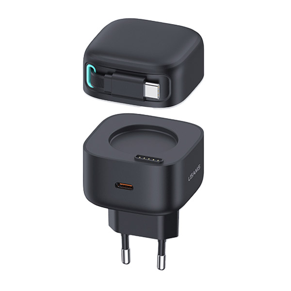 USAMS įkroviklis 1xUSB-C su ištraukiamu Lightning laidu (tik galvutė) PD+QC 35W GaN greitasis įkrovimas, juodos spalvos aprašymas - Prekės nuotrauka