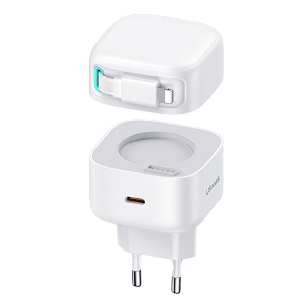 USAMS įkroviklis 1xUSB-C su ištraukiamu Lightning laidu (tik galvutė) PD+QC 35W GaN greitasis įkrovimas, baltos spalvos aprašymas - Prekės nuotrauka