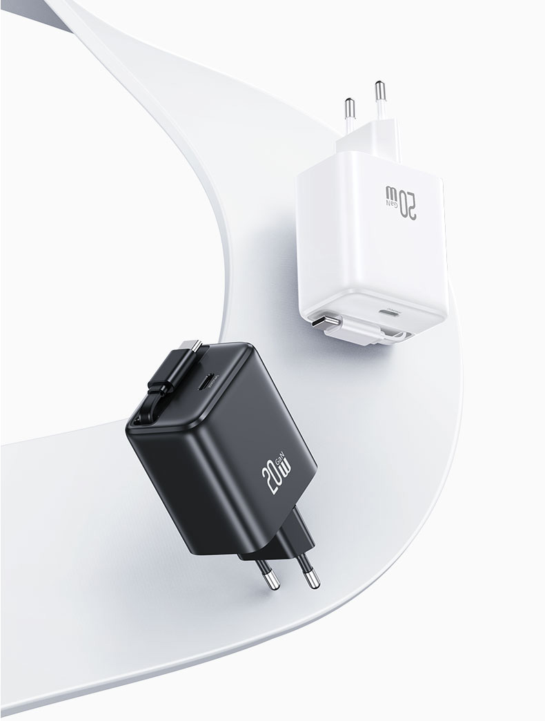 USAMS įkroviklis 1xUSB-C su ištraukiamu USB-C laidu, PD+QC 20W GaN greitasis įkrovimas, baltos spalvos aprašymas - Prekės nuotrauka