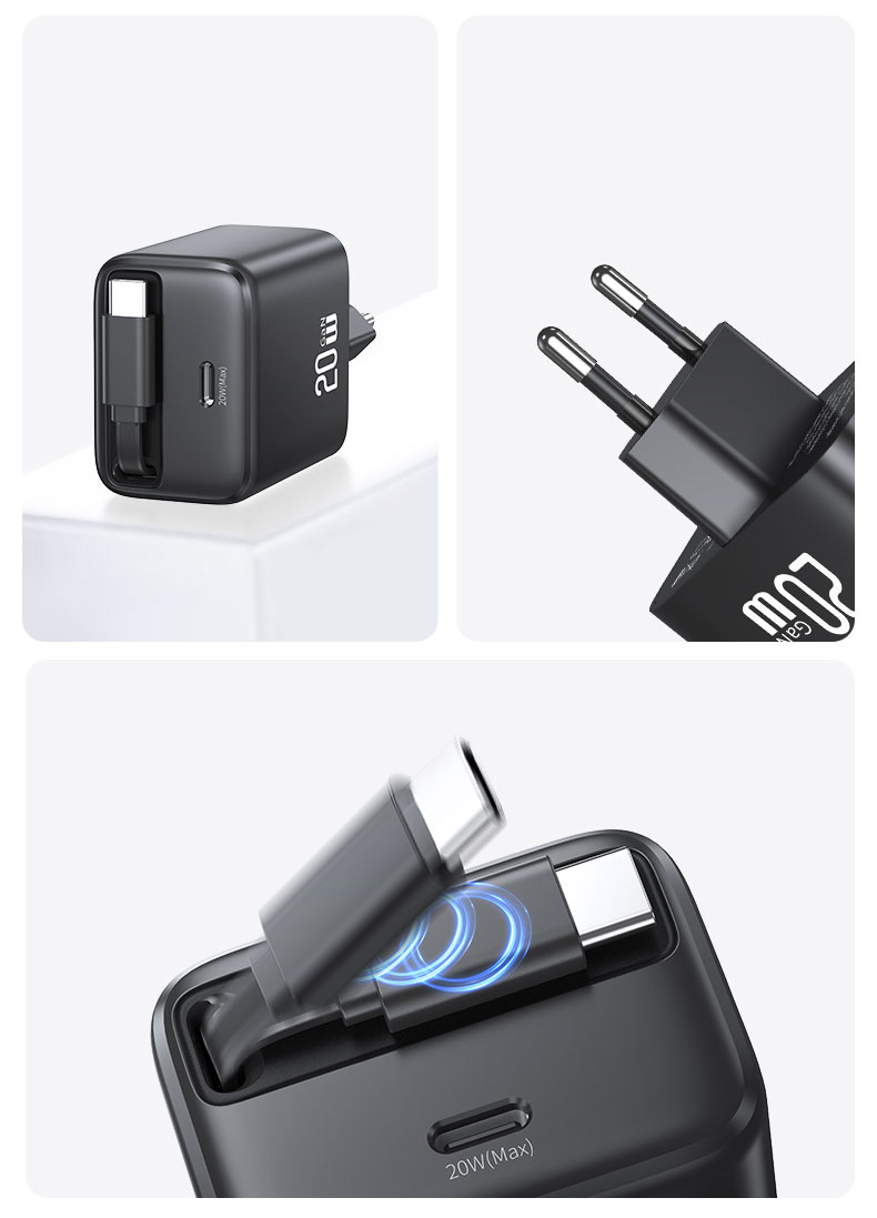 USAMS įkroviklis 1xUSB-C su ištraukiamu USB-C laidu, PD+QC 20W GaN greitasis įkrovimas, baltos spalvos aprašymas - Prekės nuotrauka