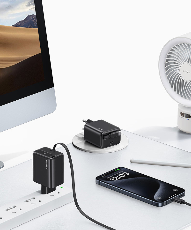 USAMS įkroviklis 1xUSB-C su ištraukiamu USB-C laidu, PD+QC 20W GaN greitasis įkrovimas, baltos spalvos aprašymas - Prekės nuotrauka