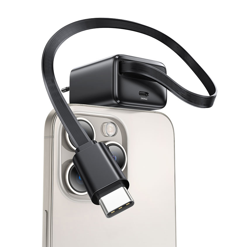 USAMS įkroviklis 1xUSB-C su ištraukiamu USB-C laidu, PD+QC 20W GaN greitasis įkrovimas, baltos spalvos aprašymas - Prekės nuotrauka