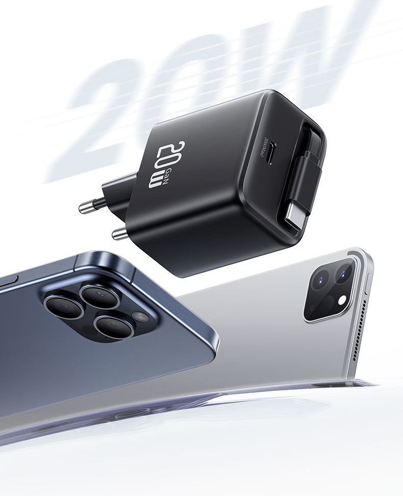 USAMS įkroviklis 1xUSB-C su ištraukiamu USB-C laidu, PD+QC 20W GaN greitasis įkrovimas, baltos spalvos aprašymas - Prekės nuotrauka