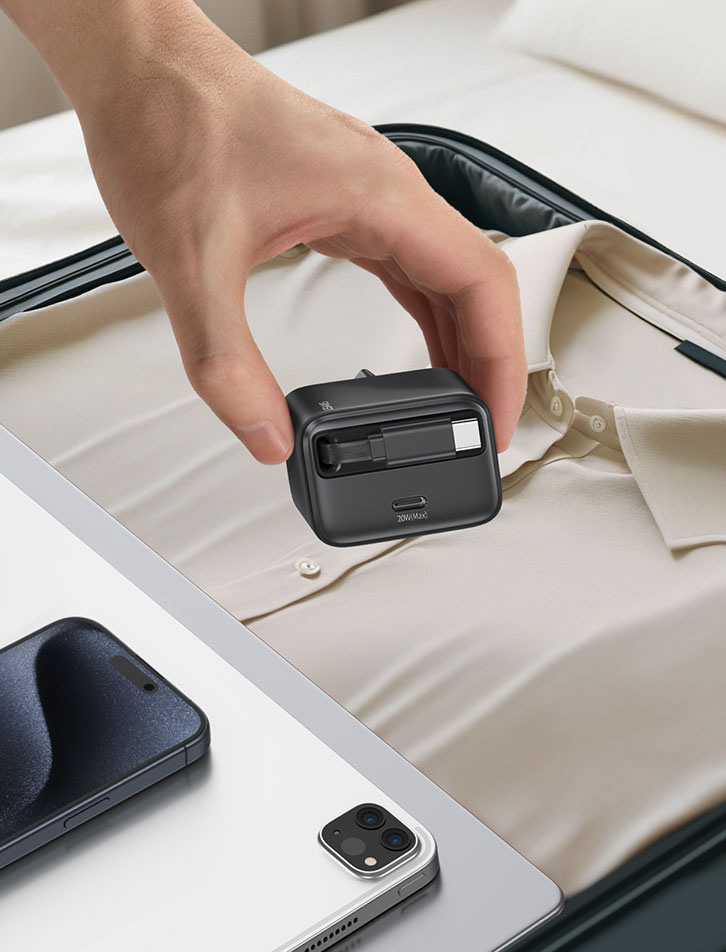 USAMS įkroviklis 1xUSB-C su ištraukiamu USB-C laidu, PD+QC 20W GaN greitasis įkrovimas, baltos spalvos aprašymas - Prekės nuotrauka