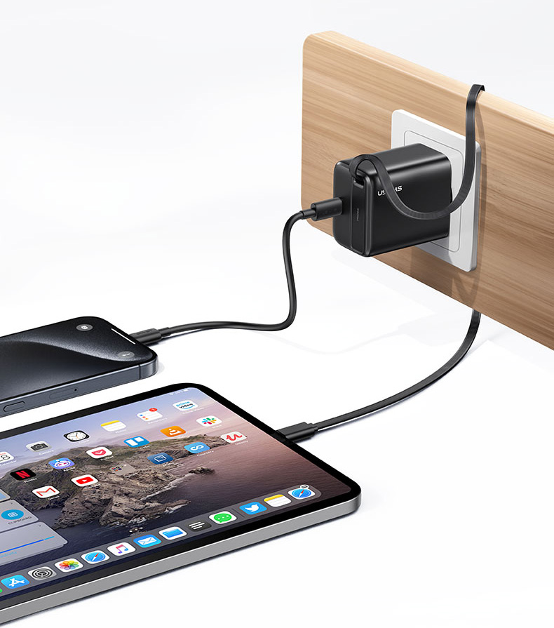 USAMS įkroviklis 1xUSB-C su ištraukiamu USB-C laidu, PD+QC 20W GaN greitasis įkrovimas, baltos spalvos aprašymas - Prekės nuotrauka