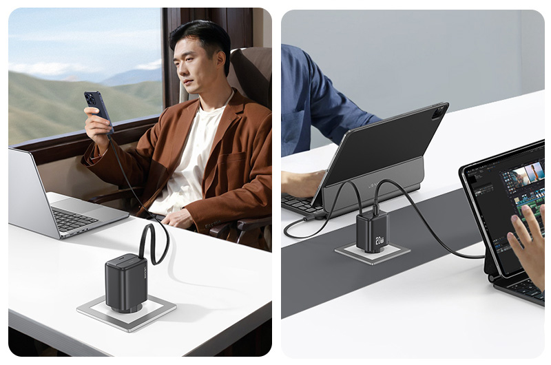 USAMS įkroviklis 1xUSB-C su ištraukiamu USB-C laidu, PD+QC 20W GaN greitasis įkrovimas, baltos spalvos aprašymas - Prekės nuotrauka