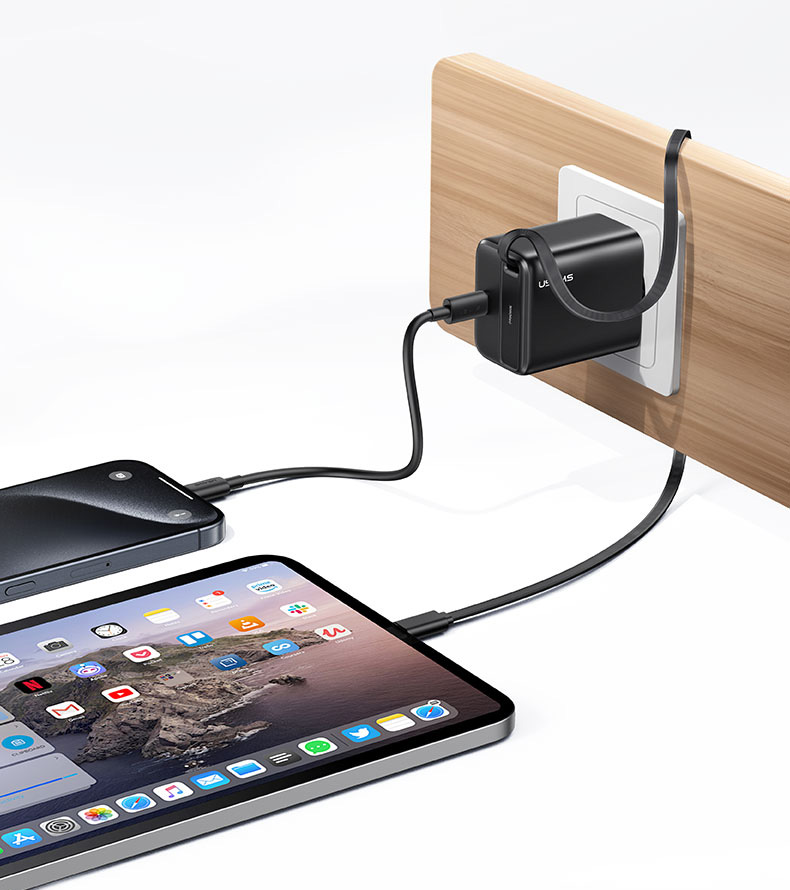 USAMS įkroviklis 1xUSB-C su ištraukiamu USB-C laidu, PD+QC 30W GaN greitasis įkrovimas, juodos spalvos aprašymas - Prekės nuotrauka