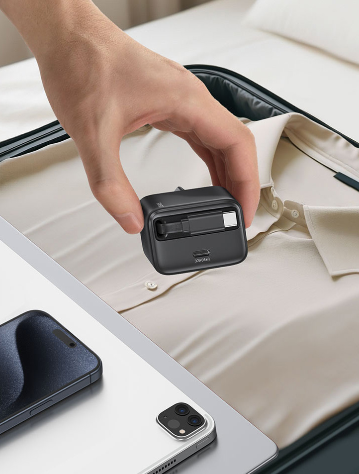 USAMS įkroviklis 1xUSB-C su ištraukiamu USB-C laidu, PD+QC 30W GaN greitasis įkrovimas, juodos spalvos aprašymas - Prekės nuotrauka