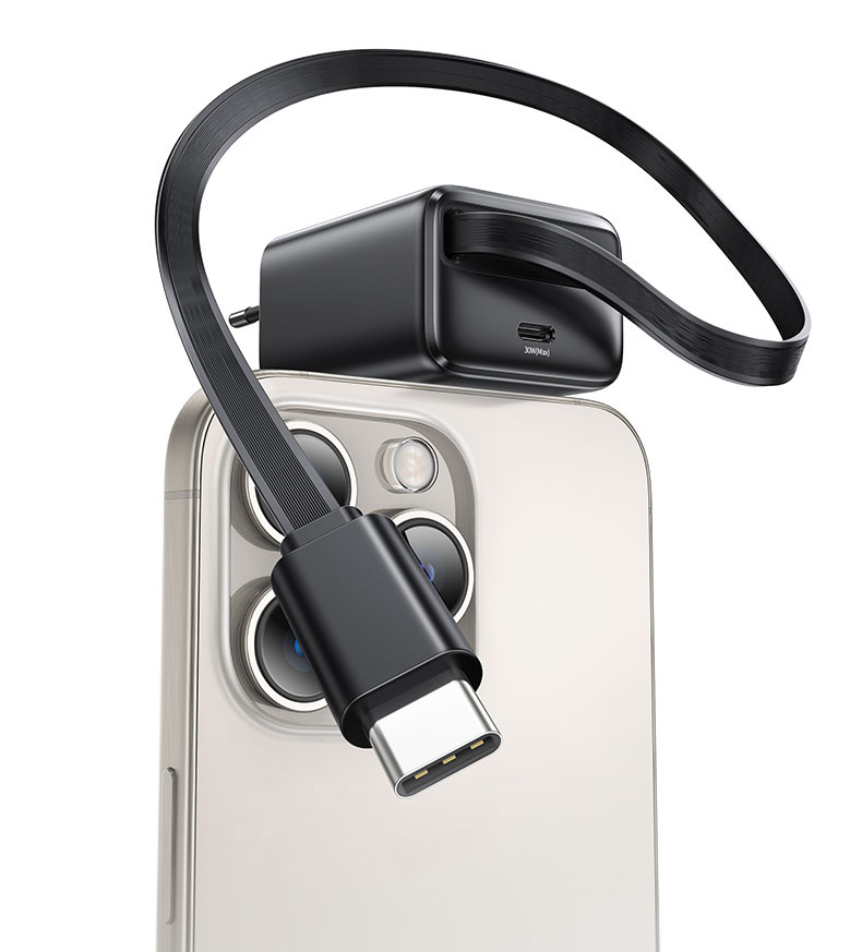 USAMS įkroviklis 1xUSB-C su ištraukiamu USB-C laidu, PD+QC 30W GaN greitasis įkrovimas, juodos spalvos aprašymas - Prekės nuotrauka