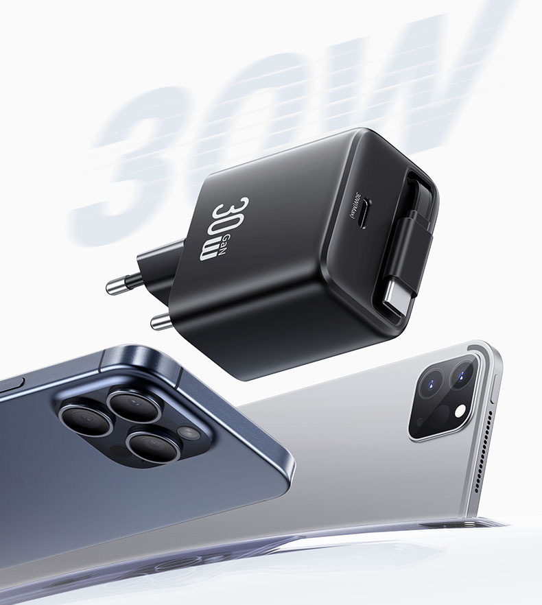 USAMS įkroviklis 1xUSB-C su ištraukiamu USB-C laidu, PD+QC 30W GaN greitasis įkrovimas, juodos spalvos aprašymas - Prekės nuotrauka